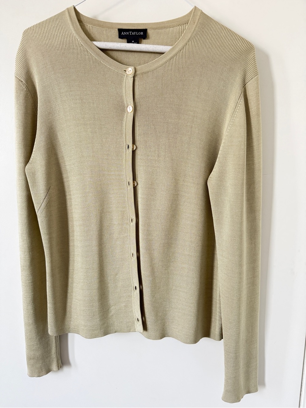 Ann Taylor Silk Knit Cardigan in Light Olive